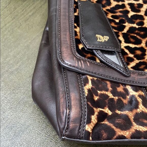 Diane Von Furstenberg Brown and Gold Shoulder Bag with Leopard Print Calf Hair - Picture 14 of 16
